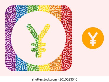Dotted mosaic yen coin hole icon for LGBT. Multicolored rounded square mosaic is around yen coin subtracted shape. LGBT rainbow colors. Vector yen coin combination of round items.