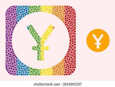 Dotted mosaic yuan coin stencil icon for LGBT. Rainbow colored rounded rectangle mosaic is around yuan coin stencil. LGBT spectrum colors. Vector yuan coin composition of spheric items.