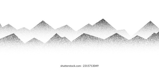 Dotted mountain gradient background. Noisy stippled grainy texture. Abstract rocks landscape with peaks with sand effect. Vector halftone fade illustration.