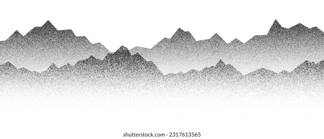 Dotted mountain gradient background. Noisy stippled grainy texture. Abstract rocks landscape with peaks with sand effect. Vector halftone fade illustration.