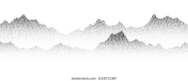 Dotted mountain gradient background. Noisy stippled grainy texture. Abstract rocks landscape with peaks with sand effect. Vector halftone fade illustration.