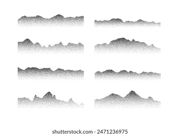Dotted mountains silhouette set. Hill and rock nature landscape dotwork