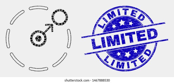 Dotted move to circle perimeter mosaic pictogram and Limited seal stamp. Blue vector rounded distress seal stamp with Limited title. Vector combination in flat style.