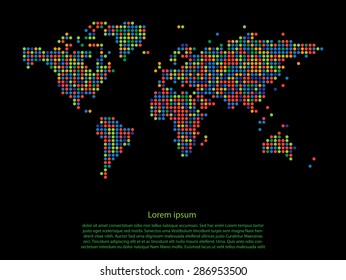Dotted multicolor world map on black background vector