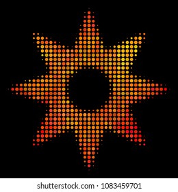 Dotted new star icon. Bright pictogram in fire orange color tinges on a black background. Vector halftone pattern of new star pictogram done of round items.