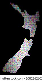 Dotted New Zealand Map. Vector geographic map in different colors on a black background. Vector concept of New Zealand Map constructed of regular square dots.