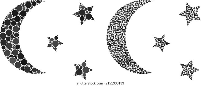 Dotted night moon sky icon. Collage night moon sky icon constructed from spheric parts in variable sizes and color tinges. Vector round dots are combined into collage night moon sky icon.