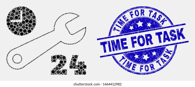 Dotted nonstop repair service mosaic pictogram and Time for Task seal stamp. Blue vector round textured seal with Time for Task caption. Vector combination in flat style.