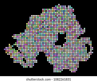 Dotted Northern Ireland Map. Vector geographic map in different colors on a black background. Vector pattern of Northern Ireland Map made with regular dots.