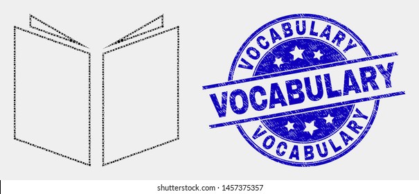 Dotted open book mosaic icon and Vocabulary stamp. Blue vector rounded scratched seal with Vocabulary message. Vector combination in flat style. Black isolated open book mosaic of random spheres,