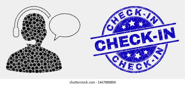 Dotted operator message mosaic pictogram and Check-In watermark. Blue vector rounded scratched watermark with Check-In text. Vector combination in flat style.