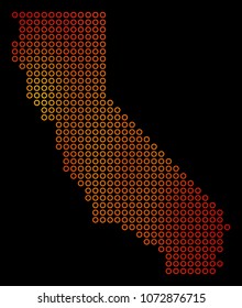 Dotted orange California Map. Vector geographic map in fire color tinges on a black background. Vector concept of California Map constructed of sphere blots.