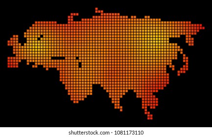 Dotted orange Eurasia Map. Vector territory map in fire color variations on a black background. Vector composition of Eurasia Map constructed of square elements.