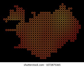 Dotted orange Iceland Map. Vector geographic map in orange color tones on a black background. Vector concept of Iceland Map created of contour spheres.