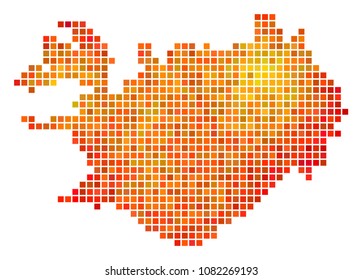 Dotted orange Iceland Map. Vector geographic map in fire color shades on a white background. Vector mosaic of Iceland Map constructed of square small elements.