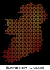 Dotted orange Ireland Island Map. Vector territorial map in fire color variations on a black background. Vector composition of Ireland Island Map combined of sphere dots.