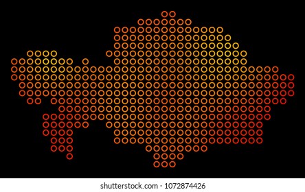 Dotted orange Kazakhstan Map. Vector territory map in orange color tones on a black background. Vector concept of Kazakhstan Map constructed of empty circles.