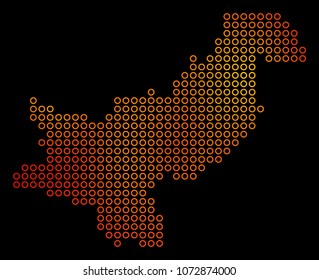 Dotted orange Pakistan Map. Vector geographical map in fire color hues on a black background. Vector mosaic of Pakistan Map done of spheric elements.
