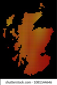Dotted orange Scotland Map. Vector geographical map in orange color tinges on a black background. Vector composition of Scotland Map done of square elements.