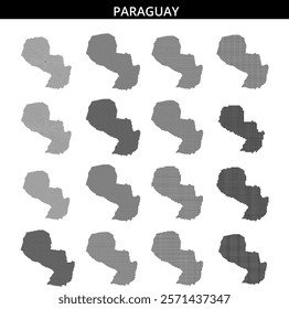 A dotted outline displays the shape of Paraguay, emphasizing its geographical features and borders on a plain background.