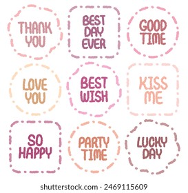 Dotted Out-line Set of cute dialog box vector for text. Doodle style crayon drawn memo frame sticker. Variety shape of speech bubble set. Message balloon. Speech bubbles.Thank Best Good Love Wish Kiss