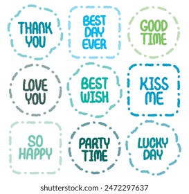 Dotted Out-line Set of cute dialog box vector for text. Doodle style crayon drawn memo frame sticker. Variety shape of speech bubble set. Message balloon. Speech bubbles.Thank Best Good Love Wish Kiss