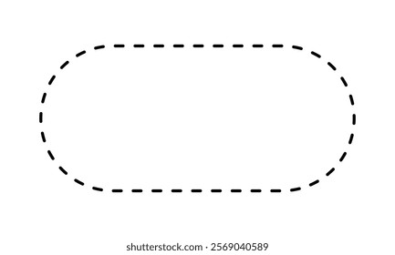 Dotted oval rectangle figure isolated on white background. Basic geometric shape with dashed stitches line. Cut here pictogram. Vector outline illustration.