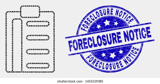 Dotted pad list items mosaic icon and Foreclosure Notice seal stamp. Blue vector rounded textured seal stamp with Foreclosure Notice title. Vector composition in flat style.