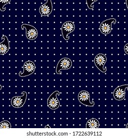 Dotted paisley print with chamomoles. Seamless pattern with small flowers. Retro textile collection. Template for dresses, scarves, cards and gift wrappings.