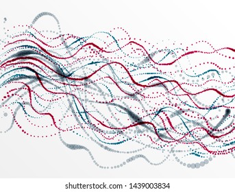 Dotted particle array flowing vector abstract background, life forms bio theme microscopic design, dynamic dots elements in motion.