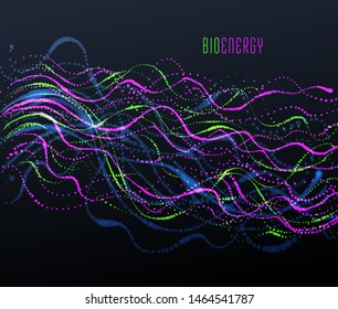 Dotted particle array flowing vector abstract background, life forms bio theme microscopic design, dynamic dots elements in motion.