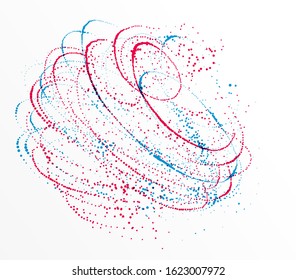 Dotted particle whirl flowing vector abstract background, life forms bio theme microscopic vortex design, dynamic dots elements in spin motion.