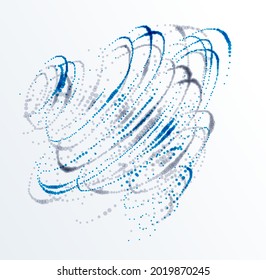 Dotted particle whirl flowing vector abstract background, life forms bio theme microscopic vortex design, dynamic dots elements in spin motion.