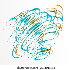 Dotted particle whirl flowing vector abstract background, life forms bio theme microscopic vortex design, dynamic dots elements in spin motion.