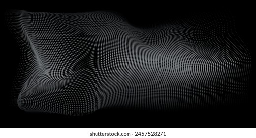 Partículas punteadas que fluyen con patrón de onda de luz de gradiente verde azul aislado sobre fondo negro. Vector 