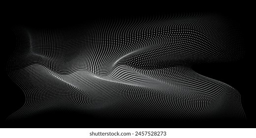 Dotted particles flowing blue green gradient light wave pattern isolated on black background. Vector in technology, science, music, modern concept. eps10
