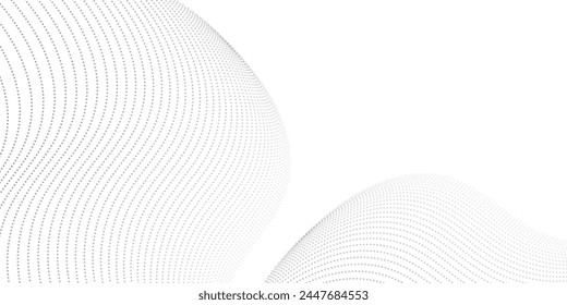 Dotted particles flowing halftone gradient curve shape wave pattern on white background. Vector in technology, science, music, waves, modern concept.