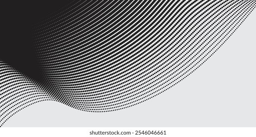 Patrón de onda de forma de curva de gradiente de semitono que fluye de partículas punteadas aisladas sobre fondo blanco. Vector en tecnología, ciencia, música, concepto moderno.