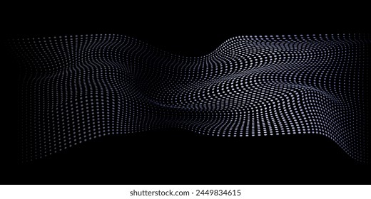 Partículas punteadas que fluyen patrón de onda de luz blanca aislado sobre fondo negro.Vector
