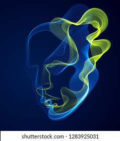 Dotted particles human portrait, abstract human head vector wave shapes array, Artificial Intelligence, pc programming software interface, digital soul.