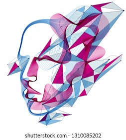 Dotted particles human portrait, abstract human head vector wave shapes array, Artificial Intelligence, pc programming software interface, digital soul.