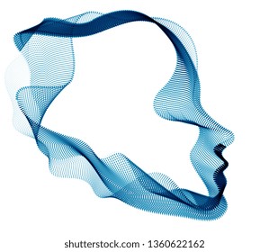 Dotted particles human portrait, abstract human head vector wave shapes array, Artificial Intelligence, pc programming software interface, digital soul.