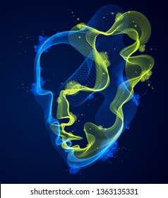 Dotted particles human portrait, abstract human head vector wave shapes array, Artificial Intelligence, pc programming software interface, digital soul.