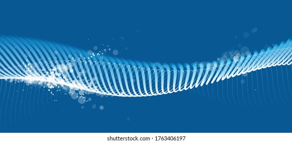 Dotted particles wave flow vector abstract technology and science background, big data flow, nanotechnology theme, beautiful abstraction design dots array cluster in wavy motion.