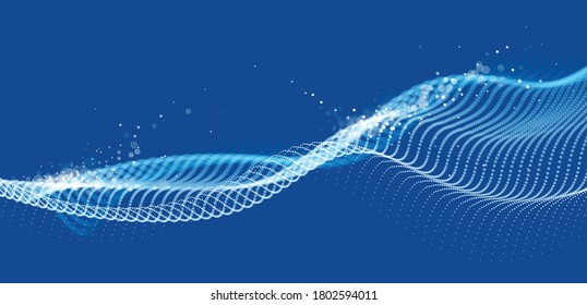 Dotted particles wave flow vector abstract technology and science background, big data flow, nanotechnology theme, beautiful abstraction design dots array cluster in wavy motion.