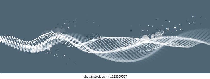 Dotted particles wave flow vector abstract technology and science background, big data flow, nanotechnology theme, beautiful abstraction design dots array cluster in wavy motion.