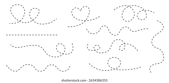 Traço de linha de viagem com traçado pontilhado com padrões de coração e ondas, ilustração de vetor de design tracejado de viagem, trilhas de turismo curvas e símbolos abstratos para projetos criativos.
