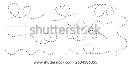 Dotted path journey line trace with heart and wave patterns, travel dashed design vector illustration, curved tourism tracks and abstract symbols for creative projects.