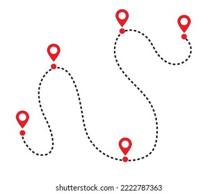 Dotted path line with red points vector illustration. Travel concept with path way. Vector flat map way 