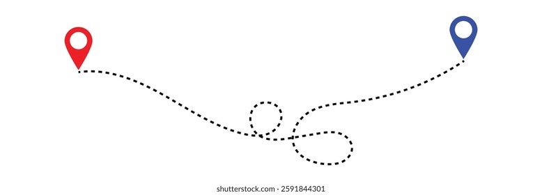 Dotted path line with red points. Travel concept with path way. Vector flat map way isolated. Vector illustration in eps 10.